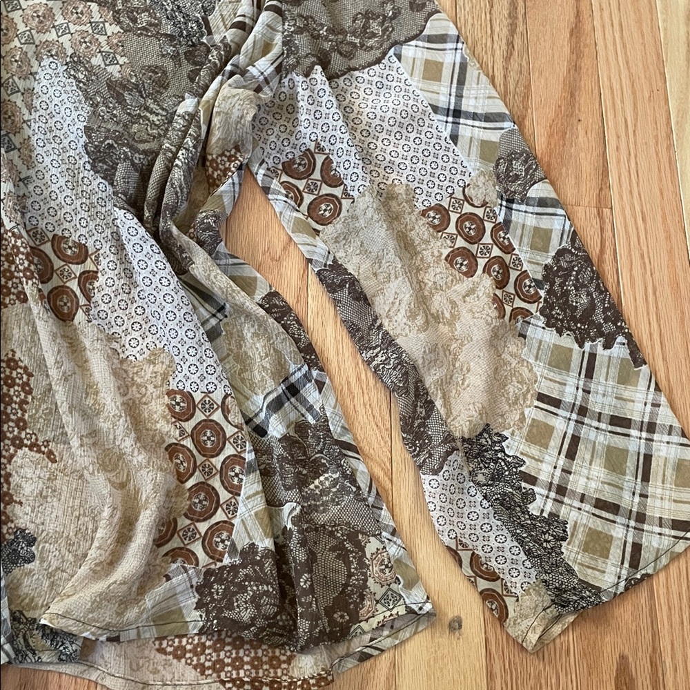 Susan Graver Top Womens 2x Brown Patchwork Print Button Up Boho Coastal Casual - Picture 4 of 10